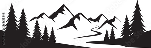 Black silhouette of mountains and fir trees camping adventure wildlife landscape panorama illustration icon vector for logo, isolated on white background