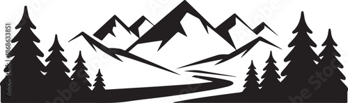Black silhouette of mountains and fir trees camping adventure wildlife landscape panorama illustration icon vector for logo, isolated on white background