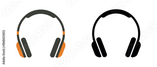 Trio of over-ear headphone icons in orange and grey color schemes and a solid black silhouette, perfect for audio branding or app icons.