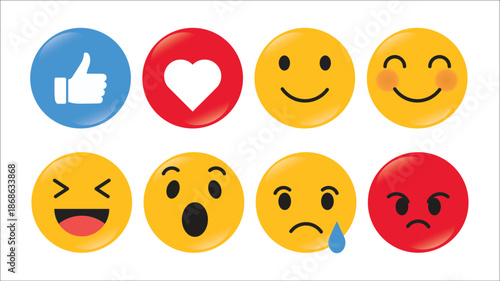Collection of Social Media Reaction Icons and Glossy Emoji Faces