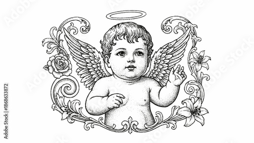 Vintage style black and white illustration of a cherub with wings and floral decorations.