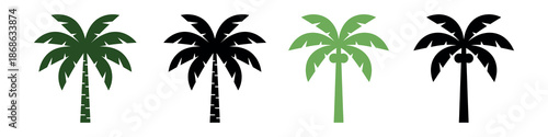 Four variations of a tall, straight palm tree icon including green shades and black silhouettes, perfect for tropical branding or UI design.