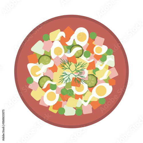 Overhead flat lay illustration of a vibrant Olivier salad in a red bowl, garnished with sliced boiled eggs, cucumbers, peas, and dill.