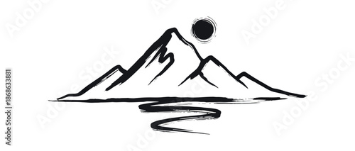 Minimalist black ink brush sketch of a mountain range with a sun and a winding path or river, reflecting a peaceful zen aesthetic.