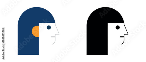Minimalist profile illustration of a human head using geometric shapes, shown in both professional blue and solid black versions.