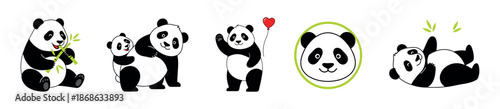 A collection of five cute panda illustrations in various poses, including eating bamboo, hugging a cub, and holding a red heart balloon.