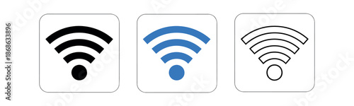 Wi-Fi signal icons enclosed in rounded squares, featuring solid black, blue, and outlined variations.