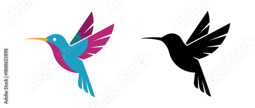 Modern geometric hummingbird illustration in vibrant cyan and magenta, accompanied by a clean black silhouette.