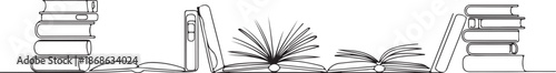 Books set one line continuous drawing. Bookstore, library continuous one line illustration. Vector minimalist linear illustration