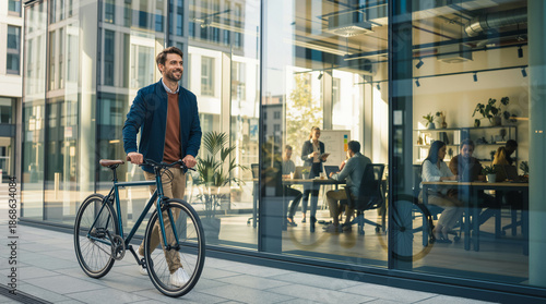 Happy Caucasian Man Walking Bicycle Near Modern Office Building Facade, Sustainable Urban Business Commute
