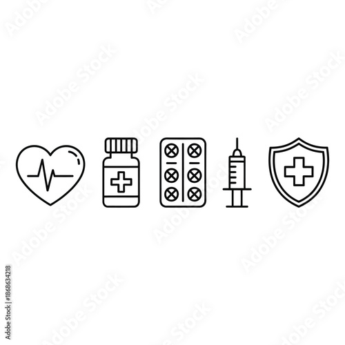 Simple line icons representing healthcare and medicine including heartbeat electrocardiogram, pill bottle, blister pack, syringe, and shield with cross symbol, isolated on white background