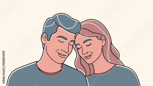 Illustration of a loving couple embracing with their eyes closed.