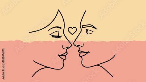 Minimalist line art illustration of a tender kiss between two lovers.