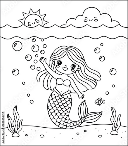mermaid coloring page line art vector	