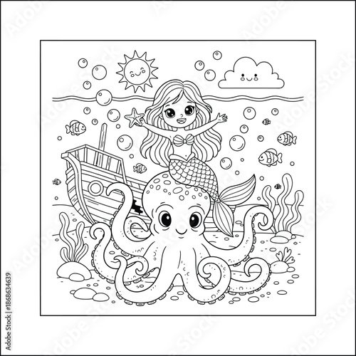 mermaid coloring page line art vector	