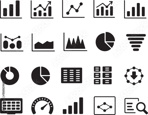 Comprehensive Data Analytics Icon Set: Solid Business Intelligence Graphs, Performance Tracking Metrics,