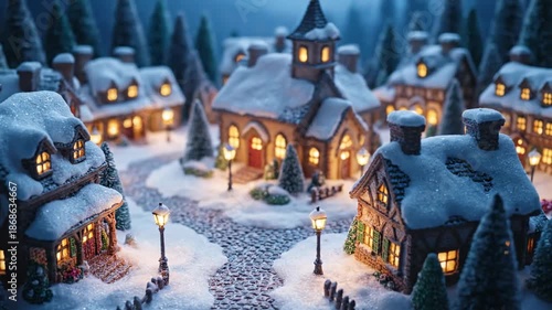 Charming Miniature Snowy Village with Cozy Houses and Glowing Lights at Twilight