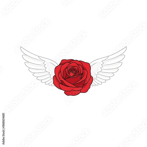 Red Rose with Wings: Love Symbol, Floral Design, Vector Illustration