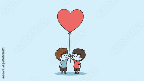 Two cartoon boys holding a red heart shaped balloon together.