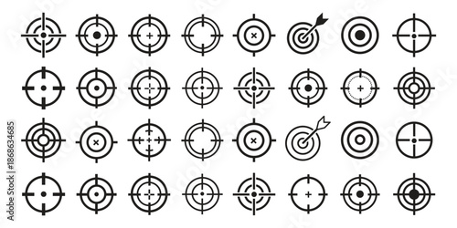 Collection of modern blue digital crosshair target icons. Futuristic sniper reticle designs for weapon sights, shooting games, military optics, HUD interface, army aim focus and navigation graphics
