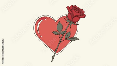 Illustration of a red rose on a heart shape symbolizing love and affection.