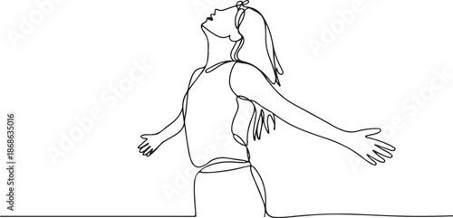 Continuous line art or One Line Drawing of a woman stretching arms is relaxing picture vector illustration
