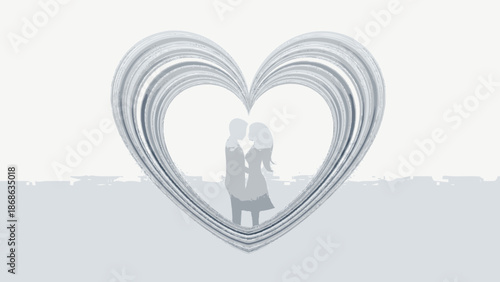 Couple embracing within a stylized heart shape on a gray background.