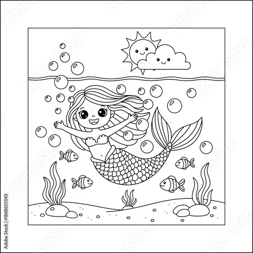 mermaid coloring page line art vector	