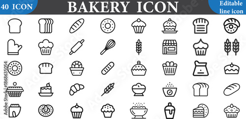 Bakery icons set including various pastry and bread symbols isolated on white background for design