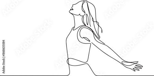 Continuous line art or One Line Drawing of a woman stretching arms is relaxing picture vector illustration