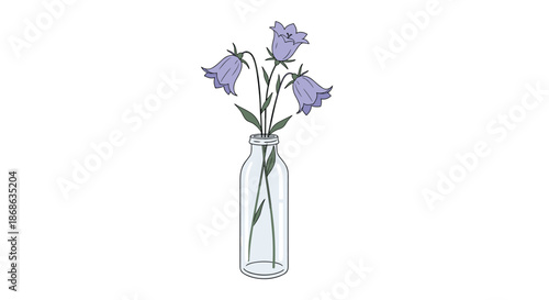 Three purple bellflower blossoms arranged in a simple transparent glass bottle vase depicted in a clean hand drawn style.