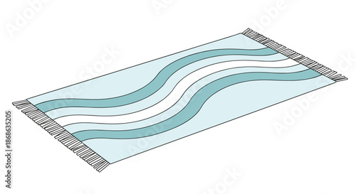 Rectangular light blue area rug featuring wavy turquoise stripes and fringed edges shown in an isometric perspective view.