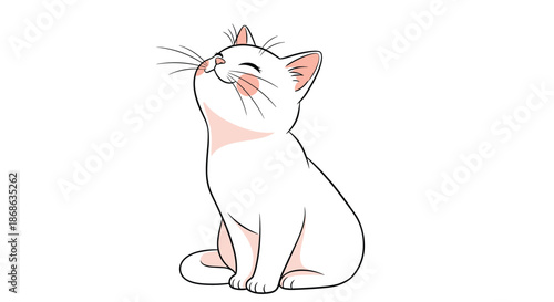 Adorable white cartoon kitten sitting upright with its head tilted back and eyes closed in a blissful smiling expression.