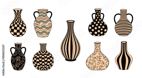 Collection of ancient and modern pottery vases with diverse geometric patterns including stripes dots waves and floral motifs.