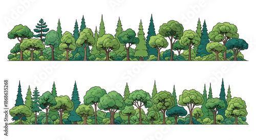 Wide panoramic illustration of a diverse forest landscape with various deciduous and evergreen trees arranged in two horizontal rows.