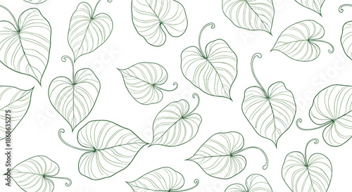 Seamless background pattern featuring elegant hand drawn heart shaped leaves with delicate line details on a white field.