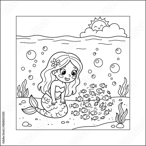 mermaid coloring page line art vector	
