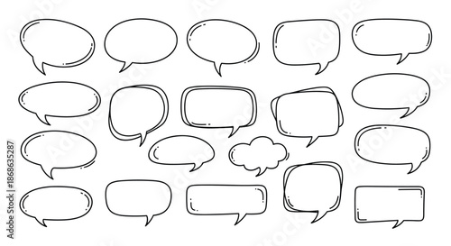 Extensive set of hand drawn blank speech bubbles and thought clouds in various shapes for comic books and communication designs.