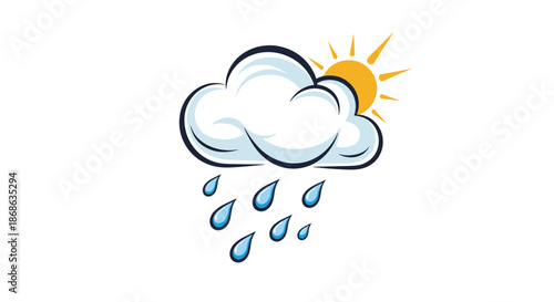 Weather forecast icon depicting a white fluffy cloud partially obscuring a bright yellow sun with raindrops falling beneath it.