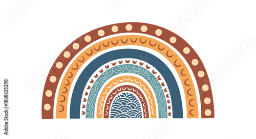 Stylized bohemian rainbow featuring multiple arches with various ethnic patterns and a calming earthy color palette of terracotta and blue.