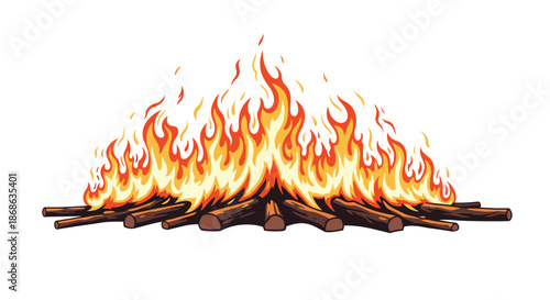 Large vibrant bonfire burning with bright orange and yellow flames on a pile of wooden logs against a white background.
