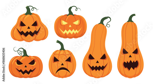 Set of six orange Halloween jack o lanterns with various carved faces from scary to sad in different pumpkin shapes.