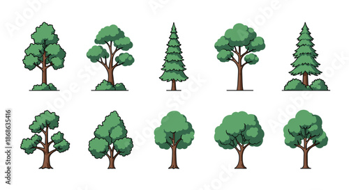 Set of ten various tree illustrations in a clean flat style including deciduous and evergreen species with small bushes.