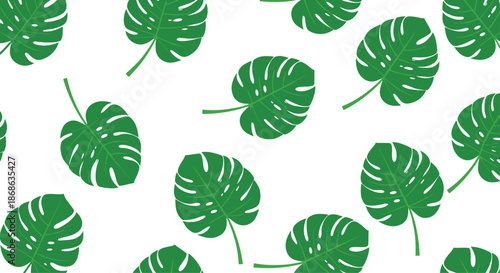 Monstera deliciosa leaves seamless pattern design on a clean white background for tropical summer themes and nature-inspired decorations.