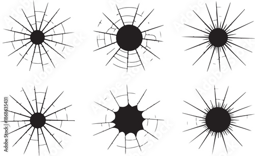 Cracked glass. Broken window, shattered glassy surface and break windshield glass texture silhouette vector illustration set