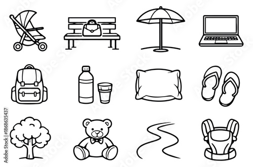 Hand drawn line art objects set featuring a baby stroller, park bench, beach umbrella, laptop, backpack, water bottle, pillow, flip flops, tree, teddy bear, road, and baby carrier