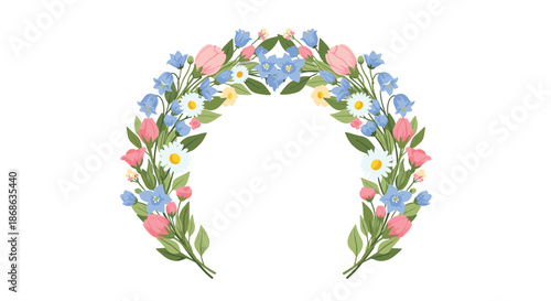 Semi-circular floral wreath featuring various blue bellflowers, pink blossoms, and white daisies arranged in a beautiful arc.
