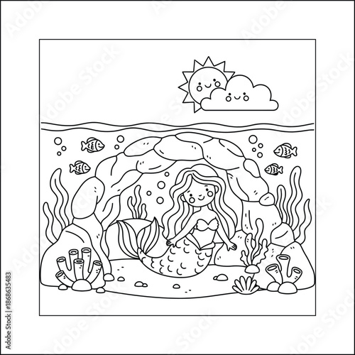 mermaid coloring page line art vector	