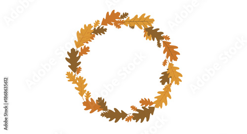 Beautiful circular wreath made of various oak leaves in shades of brown and orange for autumn season and harvest festival themes.
