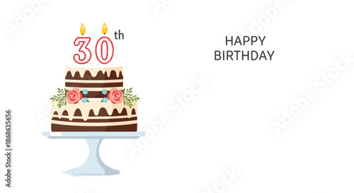 Two-tier chocolate birthday cake decorated with pink roses on a white stand with candles for a thirtieth birthday celebration.